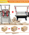 Automatic Carton Sealer And Strapper All In One Box Packing Station Adjustable 120 To 500Mm shown with conveyor and various boxes.
