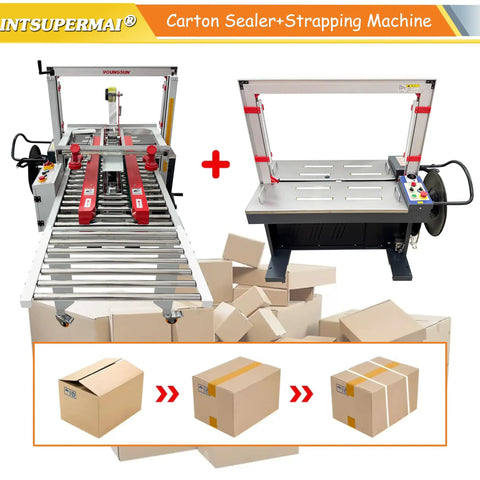 Automatic Carton Sealer And Strapper All In One Box Packing Station Adjustable 120 To 500Mm shown with conveyor and various boxes.