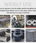 Heavy Duty Pneumatic Steel Strapping Machine For 1.25 Inch Metal Belt packaging various steel coils and pipes in a warehouse setting.