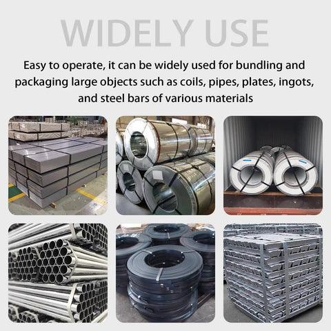 Heavy Duty Pneumatic Steel Strapping Machine For 1.25 Inch Metal Belt packaging various steel coils and pipes in a warehouse setting.