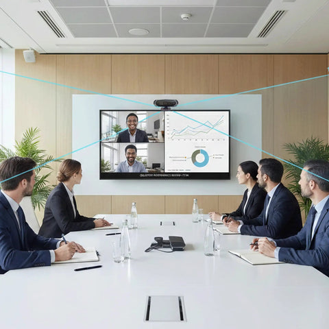 Team in conference room using 4K Ultra HD Webcam With Stand And LED RGB Lighting, 95 Degree Wide Angle, Auto Focus, 1080P60FPS Video, USB 2.0
