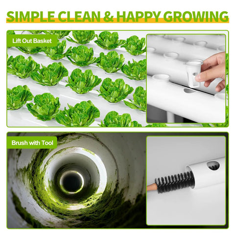 Hydroponics Growing System With Wheels A 3 Tier Vertical Garden Kit showing leafy greens and cleaning tools with PVC pipes.