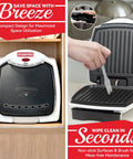 SugarWhisk 1200 Watt Electric Indoor Hamburger Grill Press with Nonstick Plates shown in compact storage, easy cleaning feature highlighted.