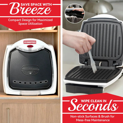 SugarWhisk 1200 Watt Electric Indoor Hamburger Grill Press with Nonstick Plates shown in compact storage, easy cleaning feature highlighted.