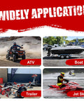 1200 Lb Boat Trailer Strap Winch With 8 Meter Black Rope showcasing use with ATVs, boats, trailers, and jet skis.