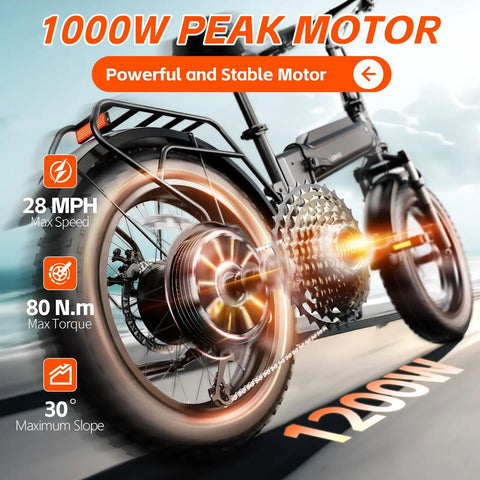 Close-up of Kickin Folding Electric Bike for Adults with 1200W peak motor accelerating on road