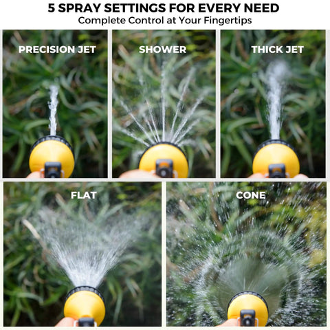 5 spray settings of High Pressure 5L Portable Shower Kit Hand Pump 45 PSI No Power Needed for Camping, shown in various patterns.