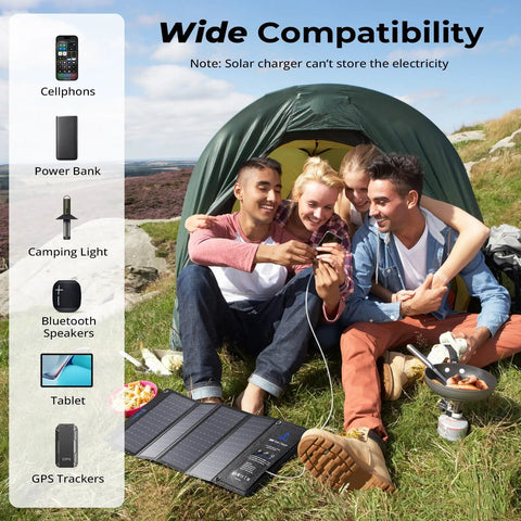 Group using 28W Portable Solar Charger That Slays The Day With Dual USB C And USB A for camping near tent