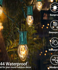 Clear C9 Christmas String Lights 50Ft On Green Wire With 54 Bulbs for outdoor use shown under rain, waterproof feature highlighted