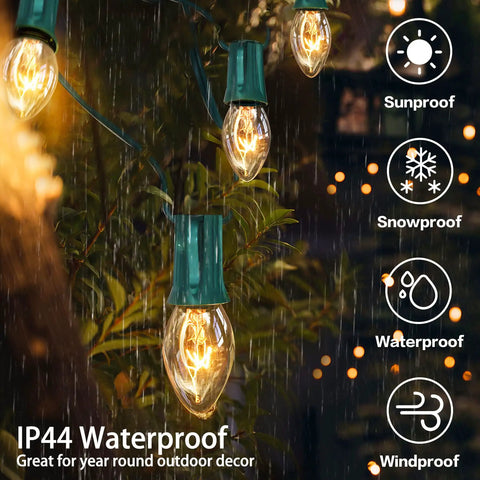 Clear C9 Christmas String Lights 50Ft On Green Wire With 54 Bulbs for outdoor use shown under rain, waterproof feature highlighted