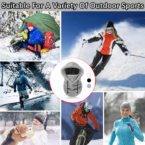 Warm Fleece Ski Mask With Windproof Coldproof Shield For Men And Women One Size Fits All Black Cozy Arctic Wool Face Cover shown with outdoor activities background