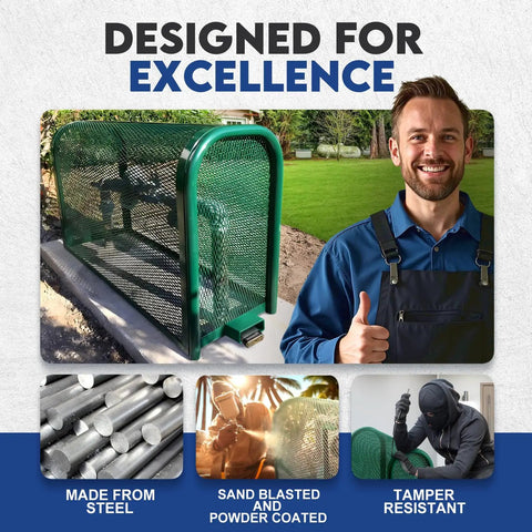 Pro Contractor Grade Heavy Duty Backflow Preventer Security Cage With Lock And Anchor Extra Large outdoors in green steel.