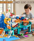 Child playing with Dinosaur Race Car Tracks For Toddlers And Kids Aged 3 To 8 With Dinosaur Climbing Hills And Ramps