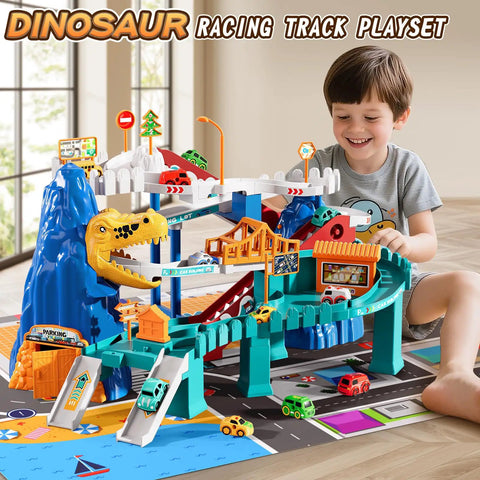 Child playing with Dinosaur Race Car Tracks For Toddlers And Kids Aged 3 To 8 With Dinosaur Climbing Hills And Ramps