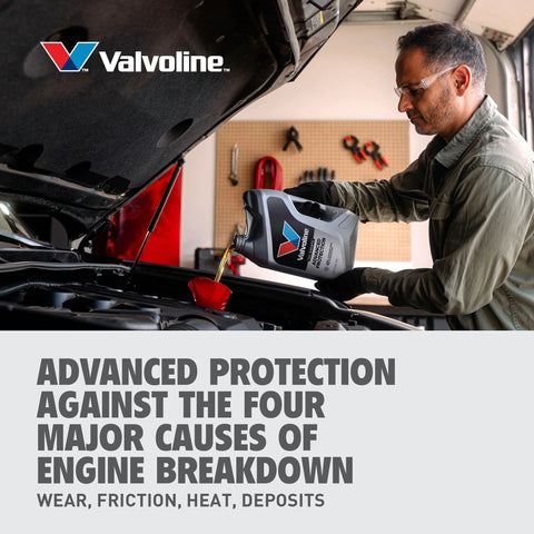 Valvoline Advanced Full Synthetic 0W-20 motor oil bottle pouring into car engine, 5 qt, in workshop.
