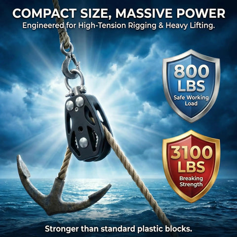 35mm Beefy Sail Block With Swivel Shackle And Ball Bearing Pulley, Ultra Low Friction Marine Rope Block For Sailboats, Kayaks, Flagpoles, Tough T316 Stainless Steel And PA66 Nylon, High Load, 1 Pack shown with 800 lbs working load