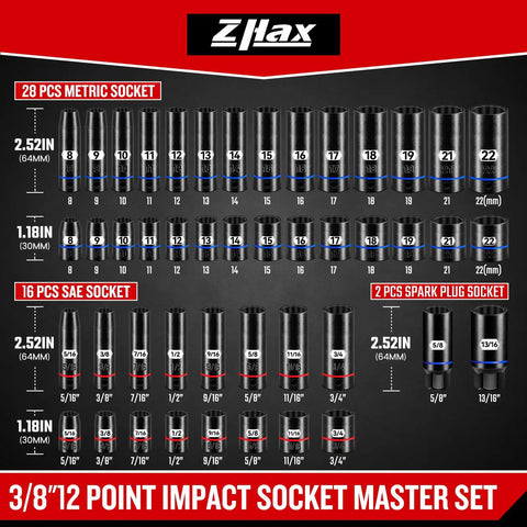 Three Eighths Inch Drive 12 Point Impact Socket Set With Deep And Shallow Sockets, 74 Piece SAE From Five Sixteenths To Three Quarters And Metric Eight To Twenty Two Millimeters displayed
