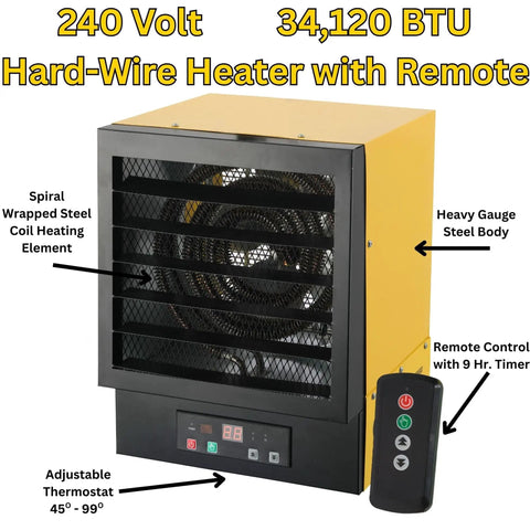 Beefy 240V Ceiling Mounted Garage Heater With Remote 10KW Hardwired Space Heater For Workshops ECO System Overheat Protection