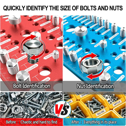 88 Size Thread Checker For Nuts Bolts And Pipe Threads With 6 NPT Sizes From One Sixteenth To Three Quarters Inch Includes 30 Metric Sizes M2x0.4 To M24x3.0 And 30 Standard Threads Quick Fit Gauge For Fast Pro DIY Repairs, bolt and nut thread gauge in red and blue