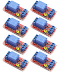8 Pack 5V Relay Module Kit With Optocoupler For Arduino And Microcontrollers One Channel Per Board High Or Low Level Trigger With Jumper 10A 250V AC And 10A DC Ratings Indicator LEDs Compact 50 By 25 By 18.5 Millimeters