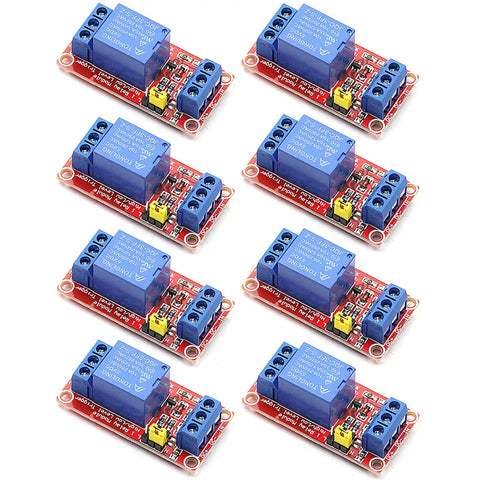 8 Pack 5V Relay Module Kit With Optocoupler For Arduino And Microcontrollers One Channel Per Board High Or Low Level Trigger With Jumper 10A 250V AC And 10A DC Ratings Indicator LEDs Compact 50 By 25 By 18.5 Millimeters