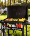Front Griddle Caddy For 28 And 36 Inch Griddles, Large Capacity BBQ Accessory Organizer with tools and food in outdoor setup