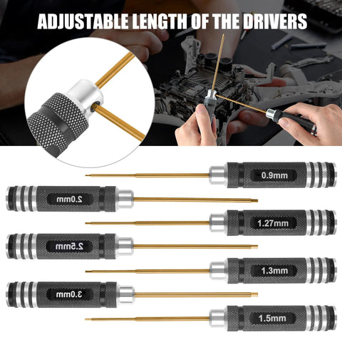 Heavy Duty Pro Grade Titanium Coated Hex Screwdriver Kit With Seven Precision Steel Bits For Fpv Racing Drones Rc Helicopters And Watercraft Hassle Free Tuning Gear with adjustable lengths and sizes displayed.