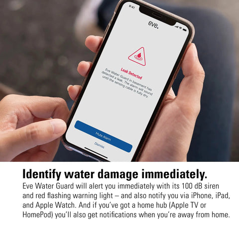 Person receiving alert on iPhone for Smart Home Water Leak Detector with 6.5 Ft Sensing Cable, 100 dB Siren, real-time app notifications