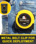 Yellow 10 Ft Steel Tape Measure With Easy To Read Fractional Markings In Feet And Inches clipped to belt