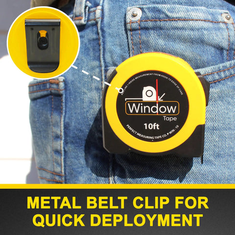 Yellow 10 Ft Steel Tape Measure With Easy To Read Fractional Markings In Feet And Inches clipped to belt