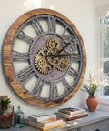 Real Moving Gear Wall Clock Vintage Industrial Home Decor Massive Rustic Farmhouse Timepiece 24 Inch Wood Panel with gears.