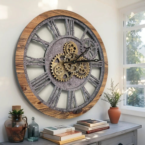 Real Moving Gear Wall Clock Vintage Industrial Home Decor Massive Rustic Farmhouse Timepiece 24 Inch Wood Panel with gears.
