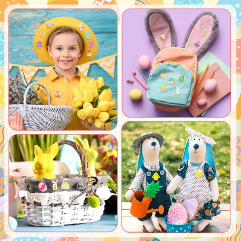 Absolutely Iconic 36 Piece Acrylic Easter Pins Bulk Kit Packing Mega Cute Bunny And Bright Egg Lapel Brooches on various festive items.