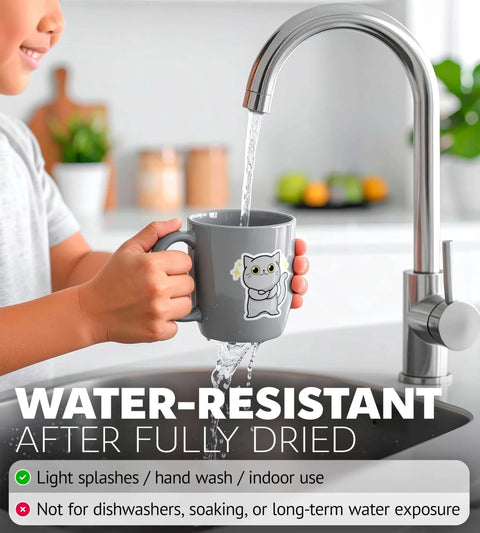 Gray ceramic mug with a cartoon cat sticker being rinsed under a kitchen faucet