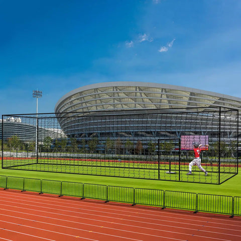 Baseball Batting Net Cage 55x12x12ft Portable Practice Cage For Baseball And Softball with player, stadium backdrop