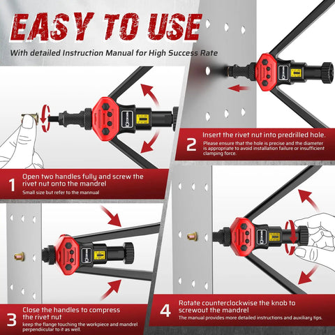 Step-by-step guide using Rivet Nut Gun With 16 Inch Stroke Adjustment And Tool Free Mandrel Change on metal sheet.