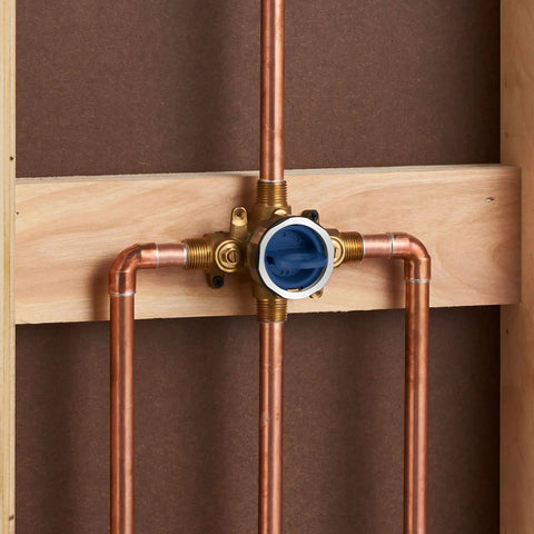 GrohSafe 3.0 Pressure Balance Rough-In Valve For Showers installed in wall with copper pipes and flush test plug