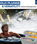 Man enjoying cold plunge with Heavy Duty Flexible Silicone Ice Molds For Ice Baths Making Up To Eighteen Pounds Of Instant Chill visible.