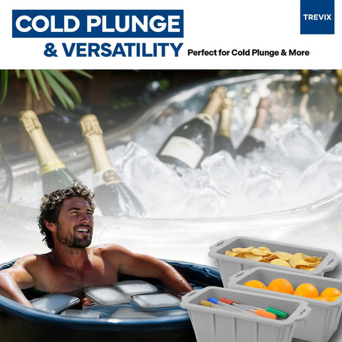 Man enjoying cold plunge with Heavy Duty Flexible Silicone Ice Molds For Ice Baths Making Up To Eighteen Pounds Of Instant Chill visible.