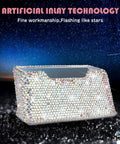 Crystal Rhinestone Card Holder Desk Stand For Office Boss Glam Bling Display With White Crystal Accessories Luxurious Yet Practical Name Card Organizer For Women Elegant Desk Accessory For Professional Meetings And Everyday Use showcasing sparkling white rhinestones against a starry backdrop.