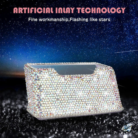 Crystal Rhinestone Card Holder Desk Stand For Office Boss Glam Bling Display With White Crystal Accessories Luxurious Yet Practical Name Card Organizer For Women Elegant Desk Accessory For Professional Meetings And Everyday Use showcasing sparkling white rhinestones against a starry backdrop.