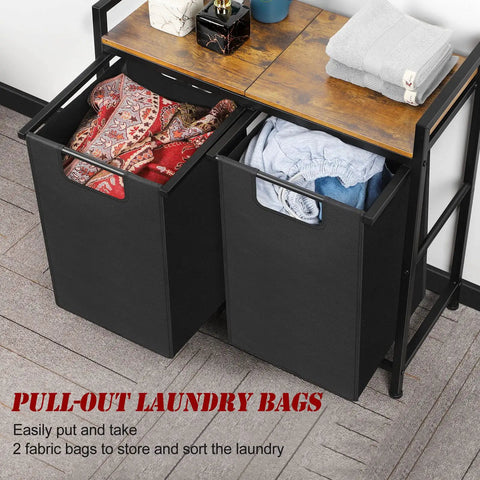 Two Section Laundry Hamper With Pull Out Dual 45L Bags And Wooden Shelf Removable Washable Sorter Bags Metal Frame