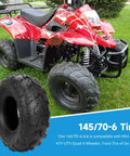 All Terrain Tire 145/70-6 For Mini Bikes And Go Karts, ATV UTV Ready, shown next to a red ATV on grass