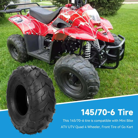 All Terrain Tire 145/70-6 For Mini Bikes And Go Karts, ATV UTV Ready, shown next to a red ATV on grass