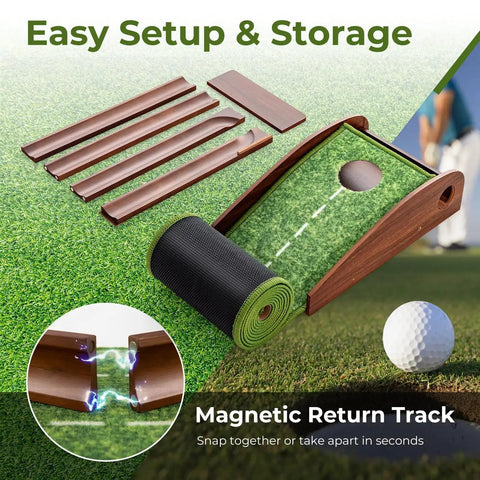 Indoor Golf Putting Mat With Putter And Five Practice Balls Auto Ball Return Velvet Surface components and setup