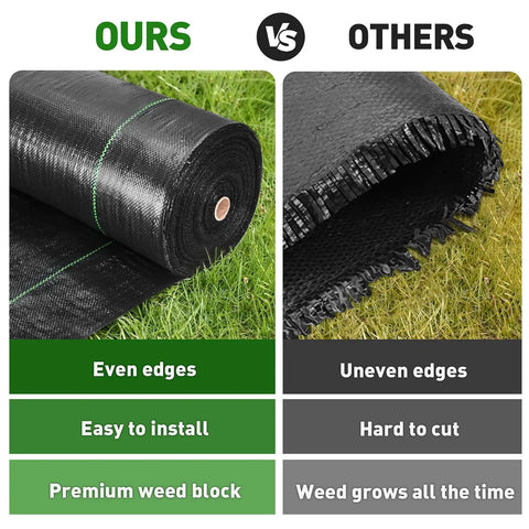 Comparison of Heavy Duty Weed Barrier Fabric 3 Ft By 50 Ft Woven Landscape Ground Cover Mat with other brands, showing even edges.