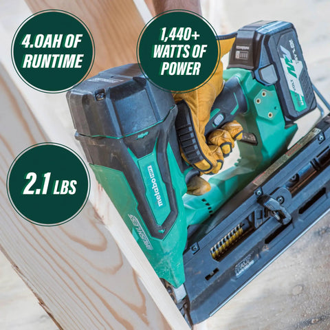 Worker using Metabo cordless nailer with Beefy MultiVolt 18V And 36V Lithium Battery Pack With 8.0Ah For 18V Tools And 4.0Ah For 36V Tools