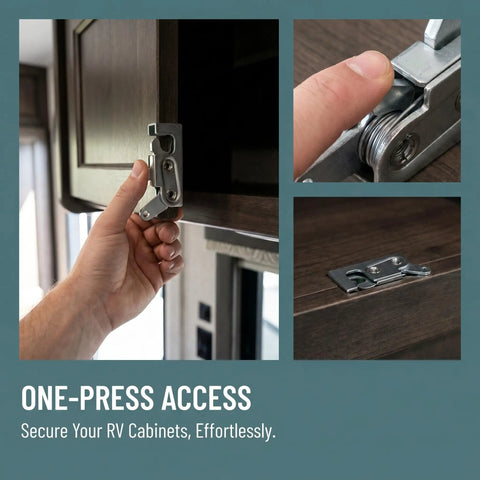Hand installing Beefy Galvanized Steel RV Push Latch Kit with flush mount heavy duty rotary lock and spring loaded latch on cabinet