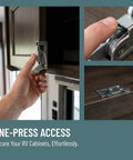 Space Saving Flush Design Heavy Duty RV Cabinet Door Latch With Galvanized Steel Push To Close shown in camper cabinet