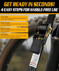 Heavy Duty Ratchet Straps 4 Pack Tie Down Belts 1 Inch By 15 Feet 1680 Lb Break Strength showing installation steps for secure cargo.